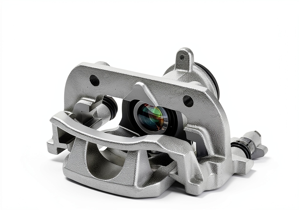 A-Premium brake caliper showing steel piston and anti‑rust coating